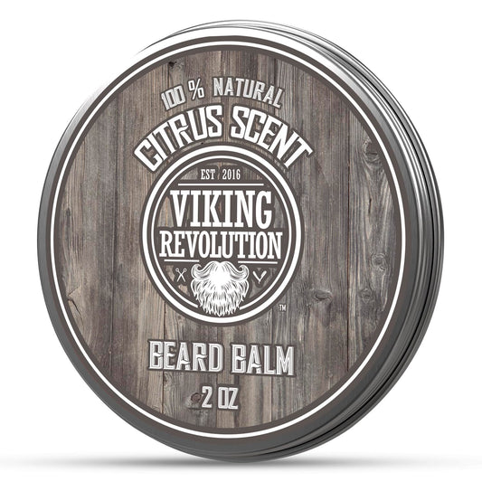 Viking Revolution's Beard Balm comes in a round 2 oz tin with a wood-textured label and offers a citrus scent. It features natural ingredients for excellent beard conditioning.