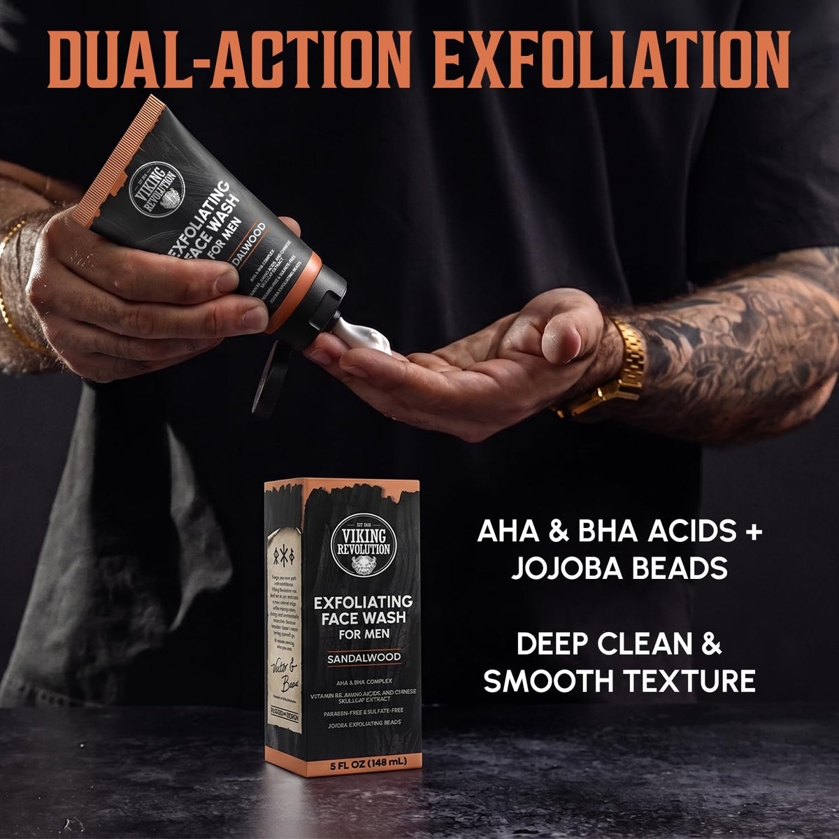 Man squeezing Exfoliating Face Wash for Men – AHA BHA, 5 oz, Sandalwood Scent onto hand; box shown.