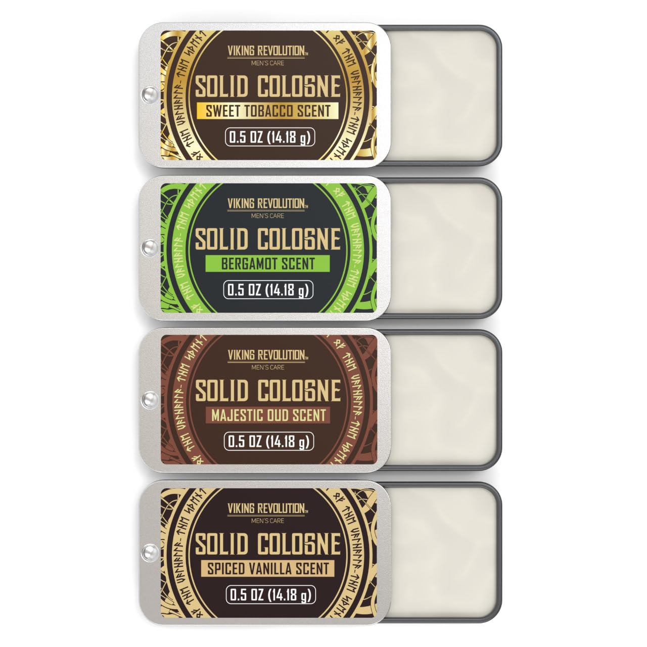 Four tins of Solid Cologne 4pk: Spiced Vanilla, Sweet Tobacco, Majestic Oud, Bergamot.