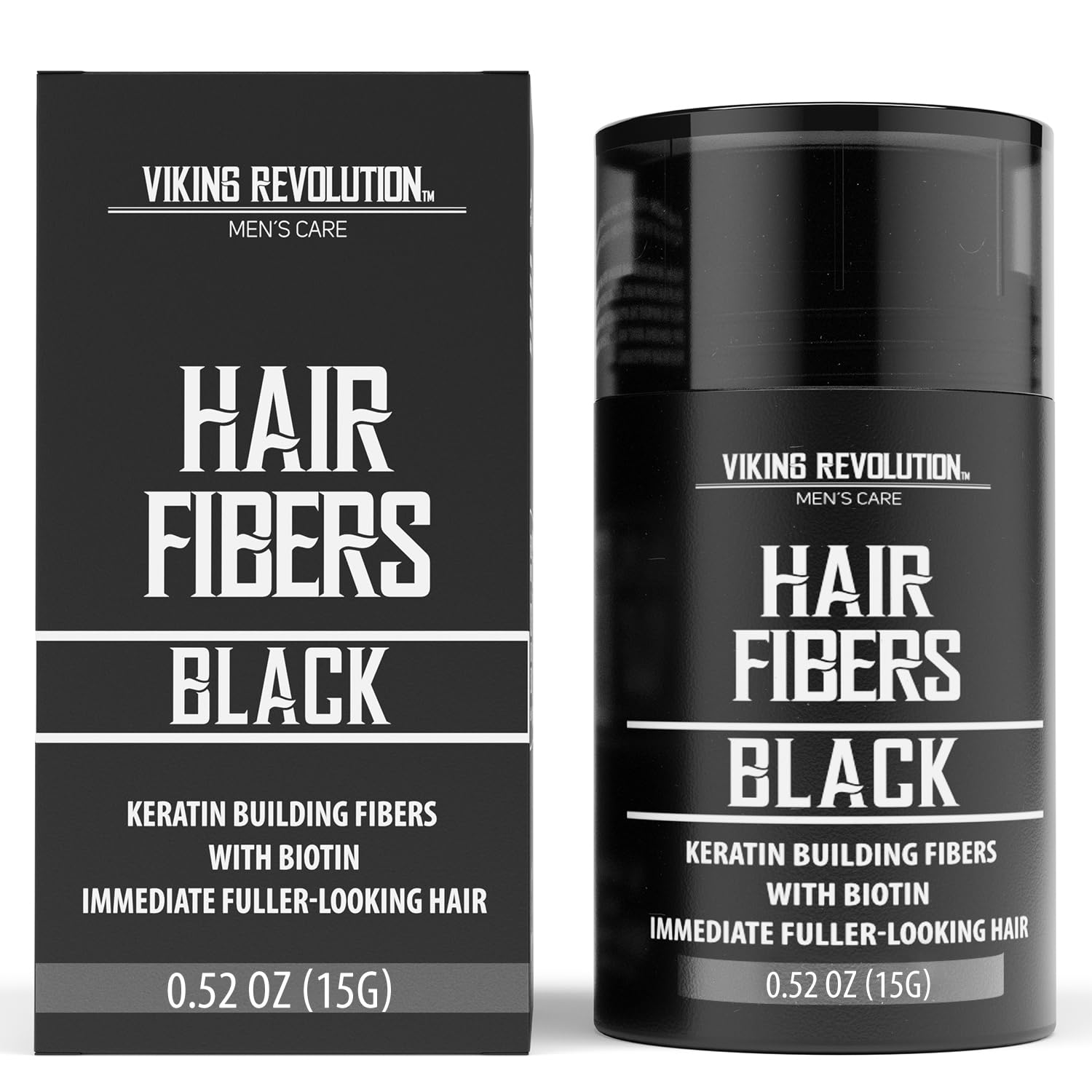 The Black Hair Fibers product, packaged in a bottle and box, is labeled Hair Fibers Black. Enriched with biotin for fuller-looking hair, these fibers feature a natural keratin formula that provides weather-resistant volume for a confident appearance every day.