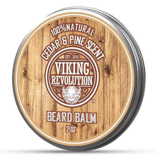 Round tin of Beard Balm by Viking Revolution, featuring a cedar and pine scent and formulated with natural ingredients for optimal beard conditioning.