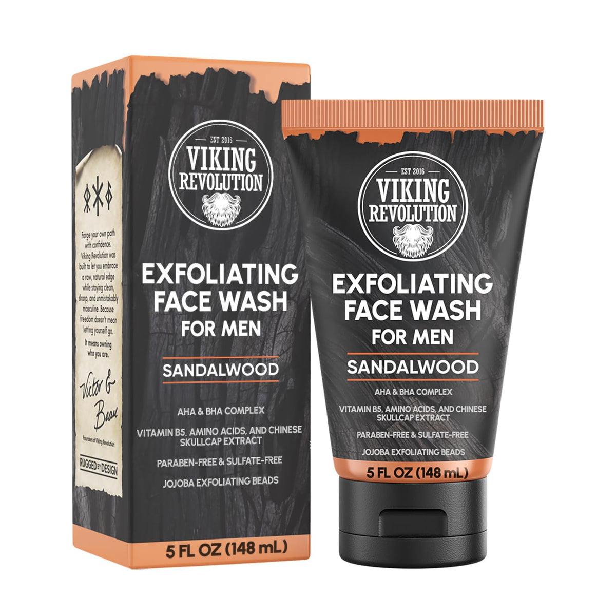 Exfoliating Face Wash for Men – AHA BHA, Sandalwood Scent, 5 oz bottle with box shown.