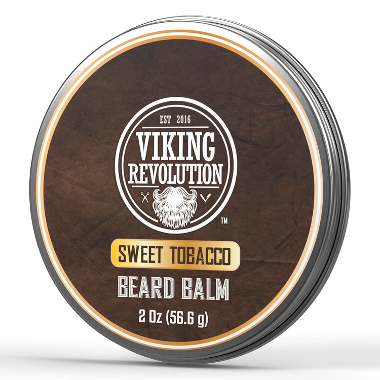 Round tin labeled Beard Balm, 2 Oz., crafted with natural ingredients for superior beard conditioning, featuring a rustic design.