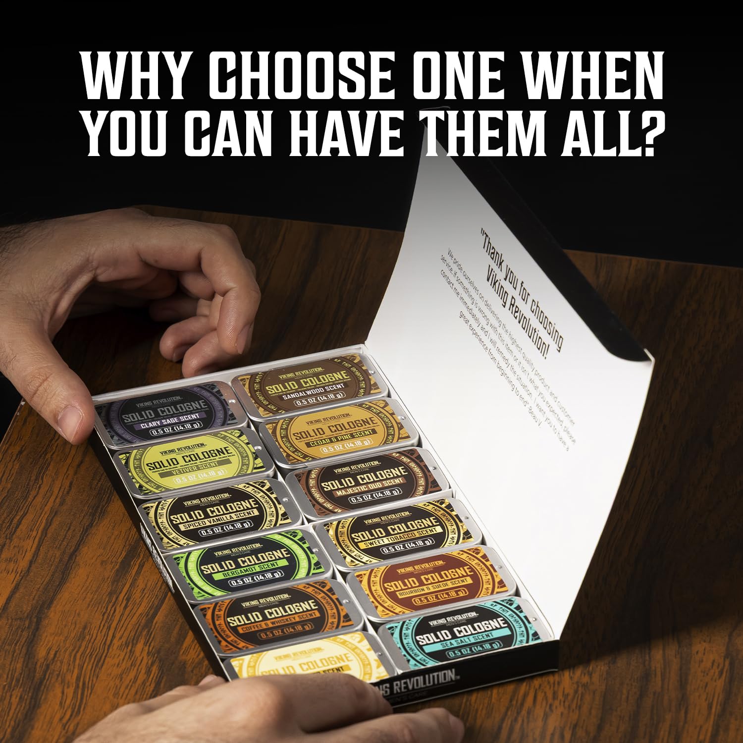 Unwrap a 12pk Solid Cologne Gift Set for Men—try Sandalwood, Coffee Whiskey, Spiced Vanilla & more!.