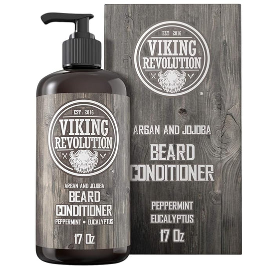 The Beard Conditioner 17oz by Viking Revolution comes in a bottle and box with a rustic wood design, enriched with natural beard oil to promote healthy beard growth.