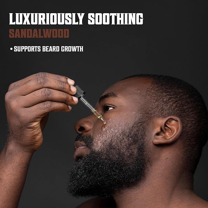 A man uses a dropper to apply Sandalwood Beard Oil from the 3 Pack, with text: Luxuriously Soothing Sandalwood, Tame Stubborn Facial Hair, 100% Natural Ingredients Support Beard Growth.