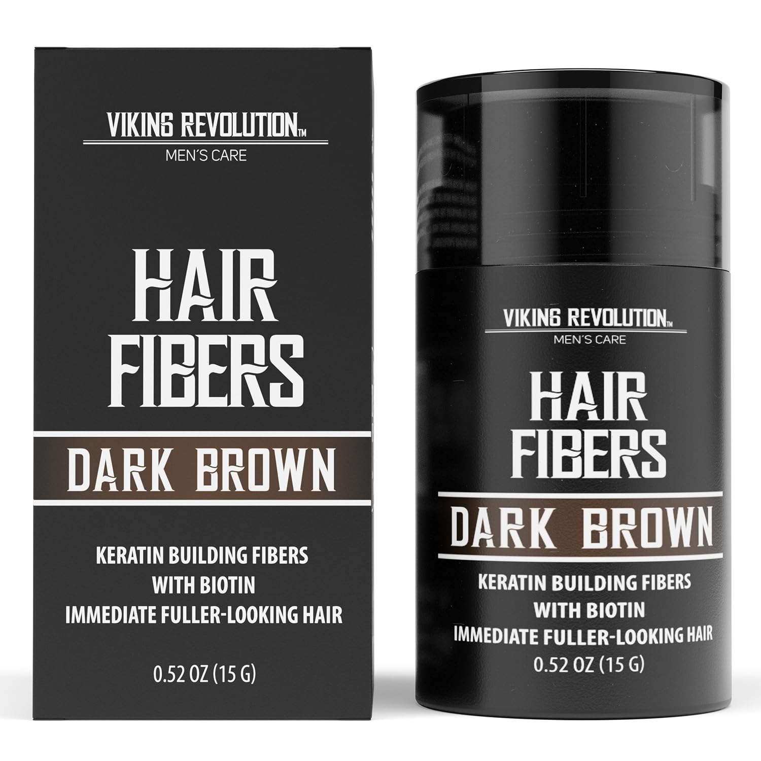 Viking Revolutions Dark Brown Hair Fibers for Men with natural keratin and bold lettering.