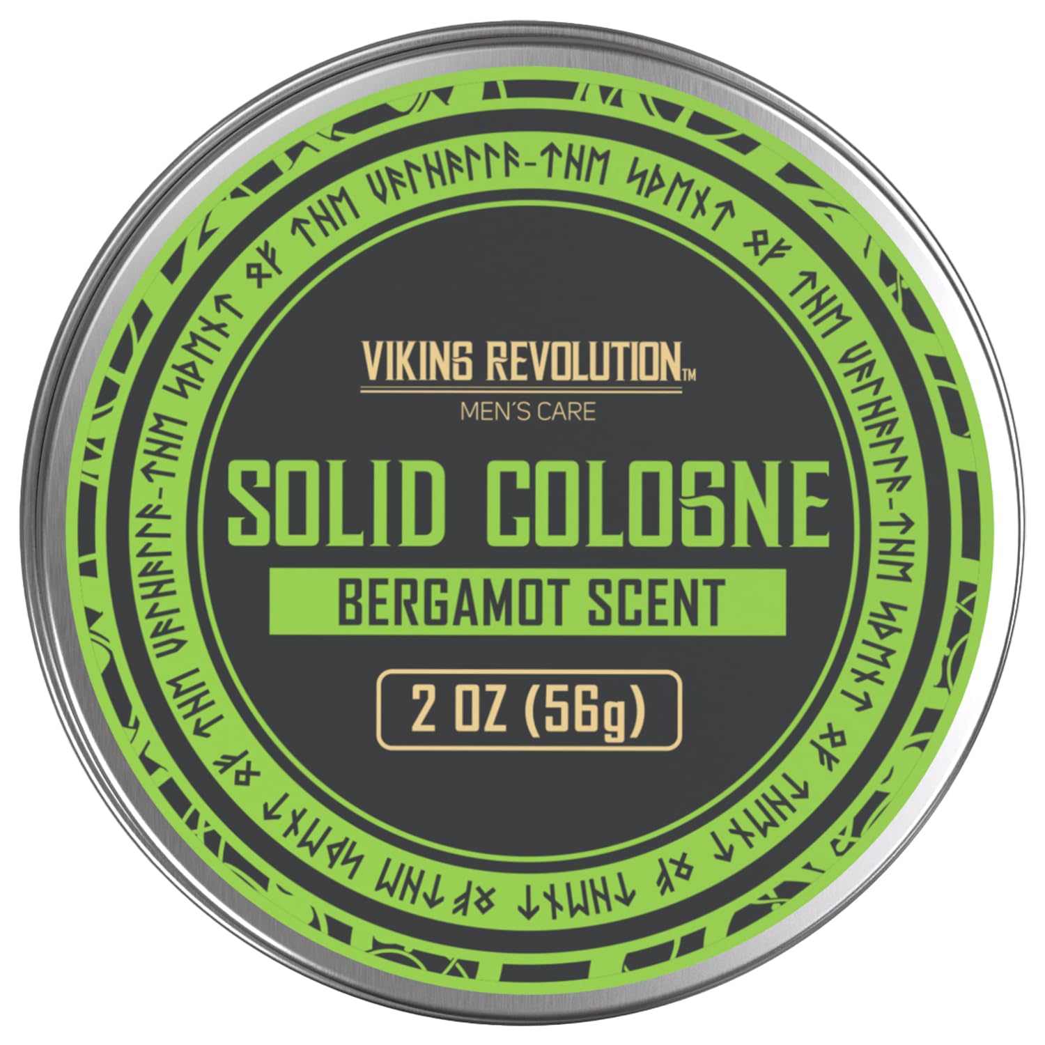 2 oz round tin of alcohol-free bergamot-scented Viking Revolution solid mens cologne.