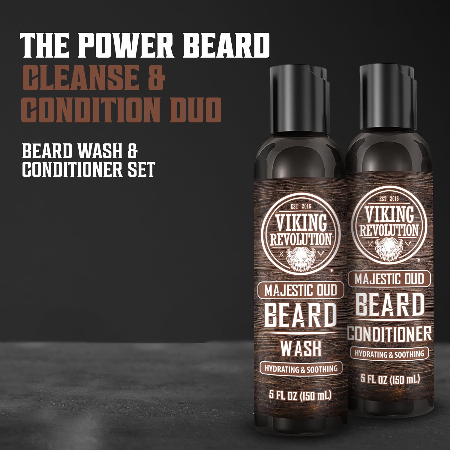 Two bottles of Beard Wash & Conditioner - Majestic Oud 5oz exude a Viking theme against a dark background, embodying the essence of premium beard care.