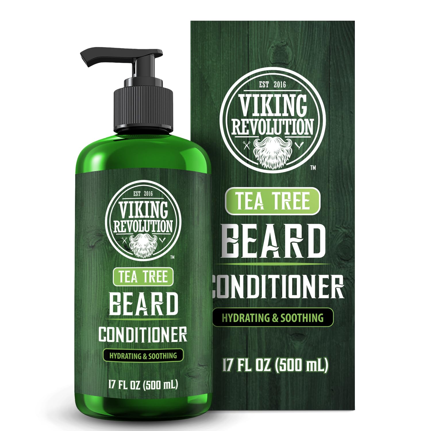 Green bottle of Tea Tree Beard Conditioner 17oz by Viking Revolution, infused with nourishing Argan Oil, featuring matching packaging.