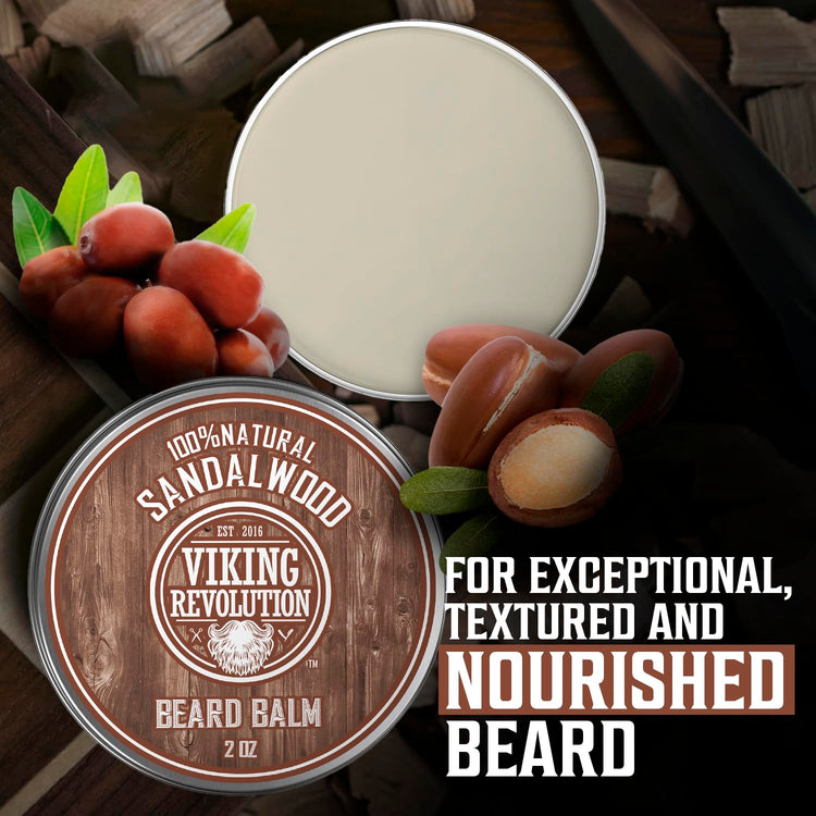 Sandalwood Beard Balm - 2 Pack infused with organic Argan oil, featuring a sandalwood scent, nuts, and berries for exceptional beard care and a textured, nourished beard.