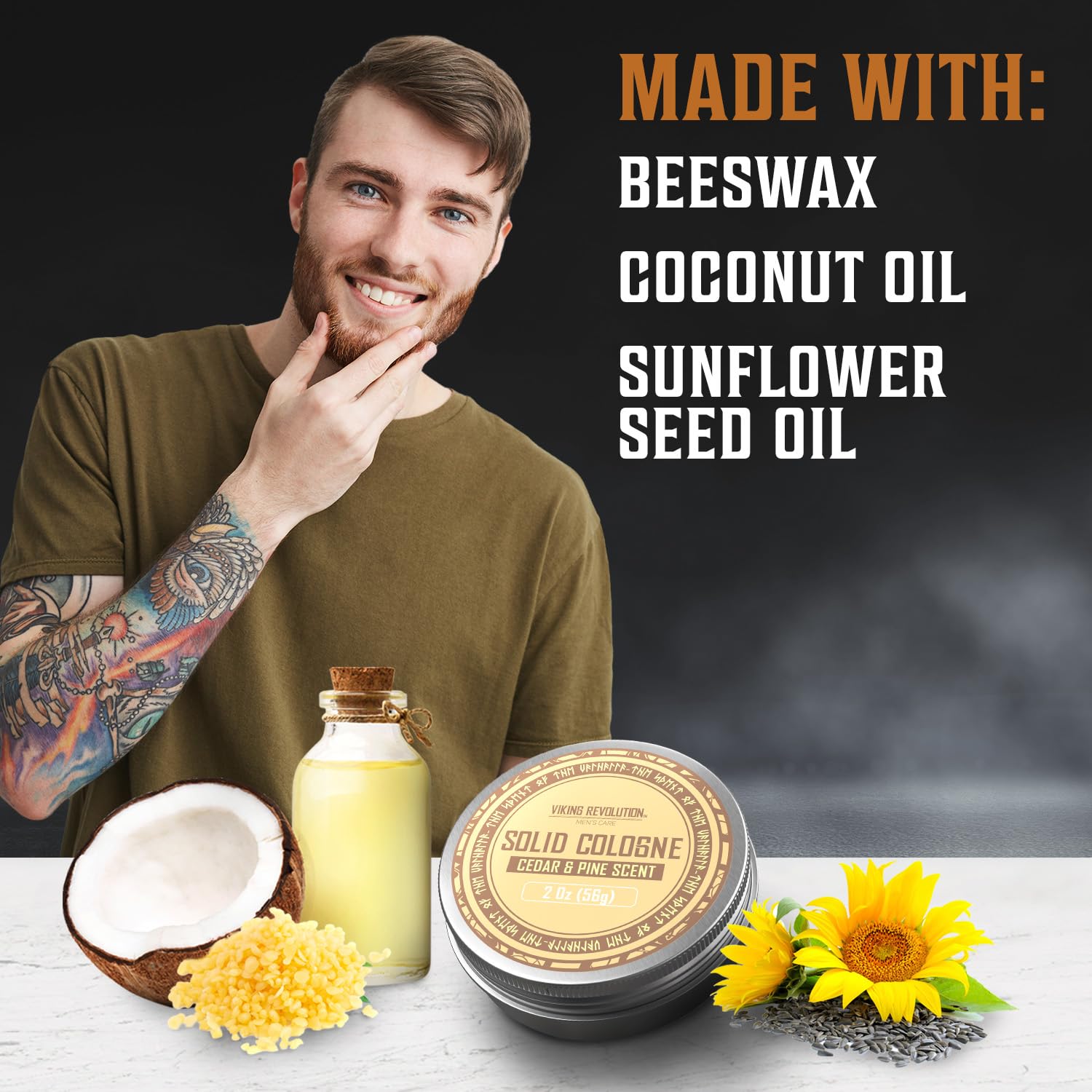 Bearded man smiles next to Solid Cologne, Cedar & Pine—embrace the masculine fragrance.