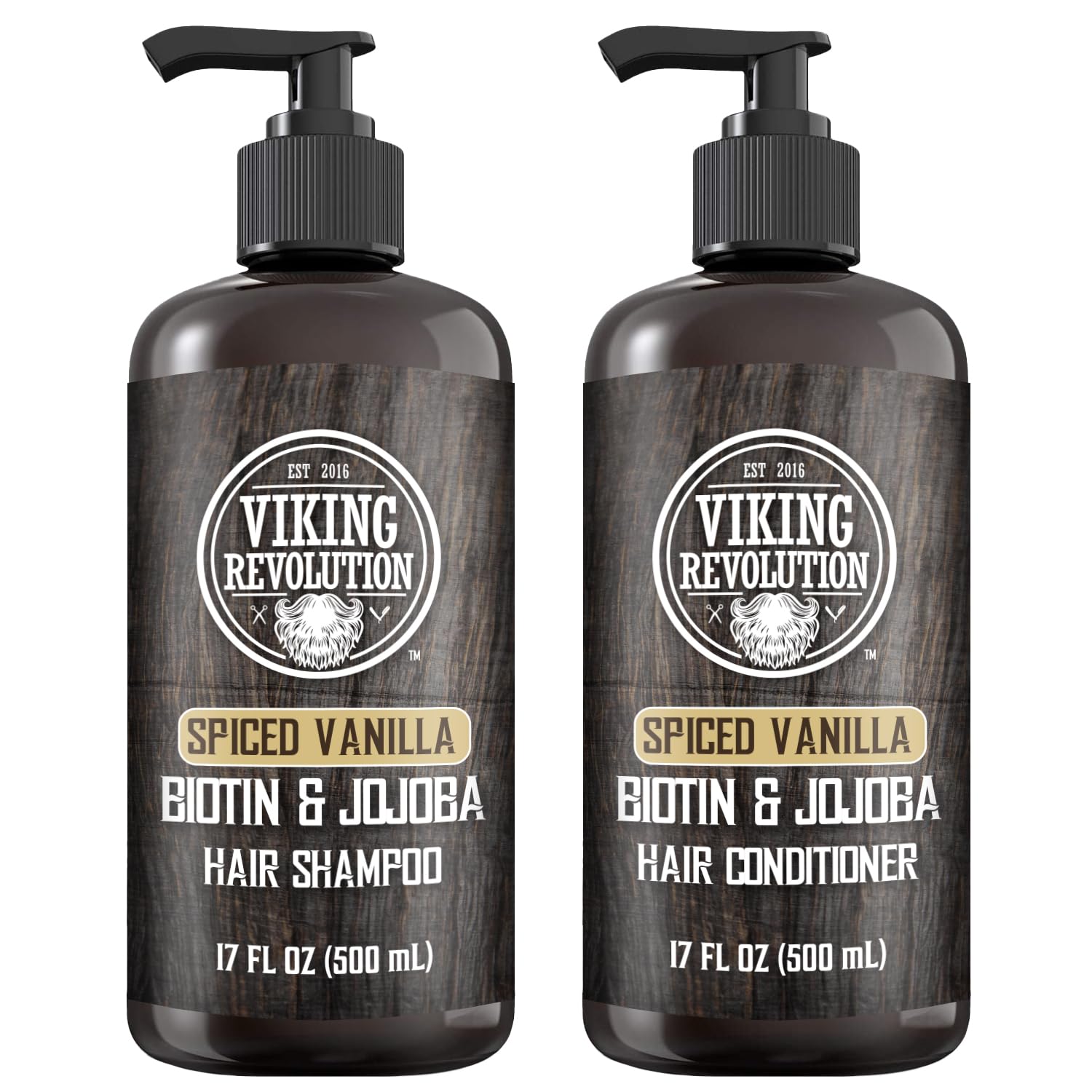 Discover the revitalizing combination of Spiced Vanilla Hair Shampoo & Conditioner 17oz, enhanced with essential Biotin to boost hair health. Infused with Jojoba and Olive Oil for nourishment, every bottle ensures a luxurious lather and delicate scent to enhance your grooming experience.