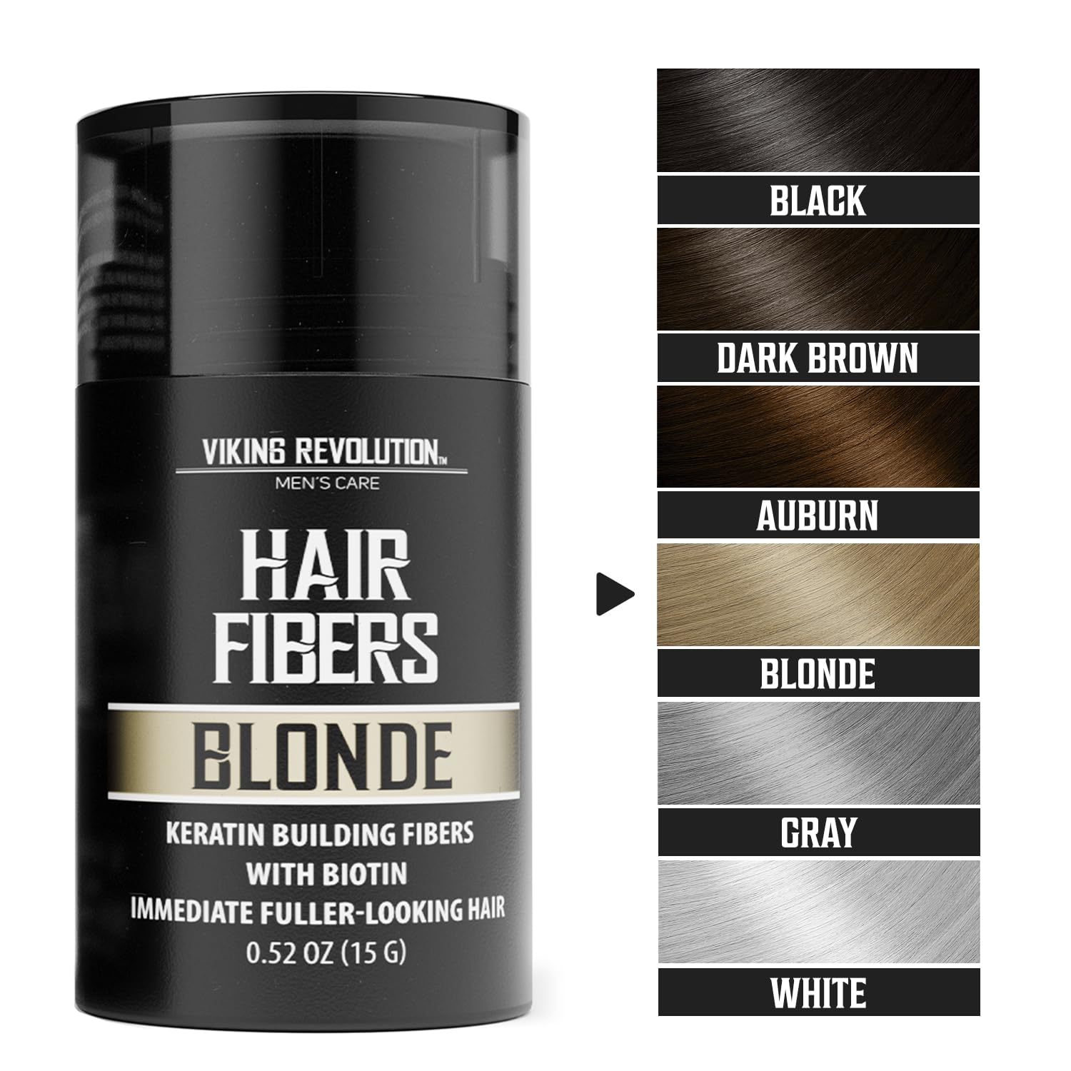 Blonde Hair Fibers bottle labeled Blonde with color options: Black, Dark Brown, Auburn, Blonde, Gray, White.