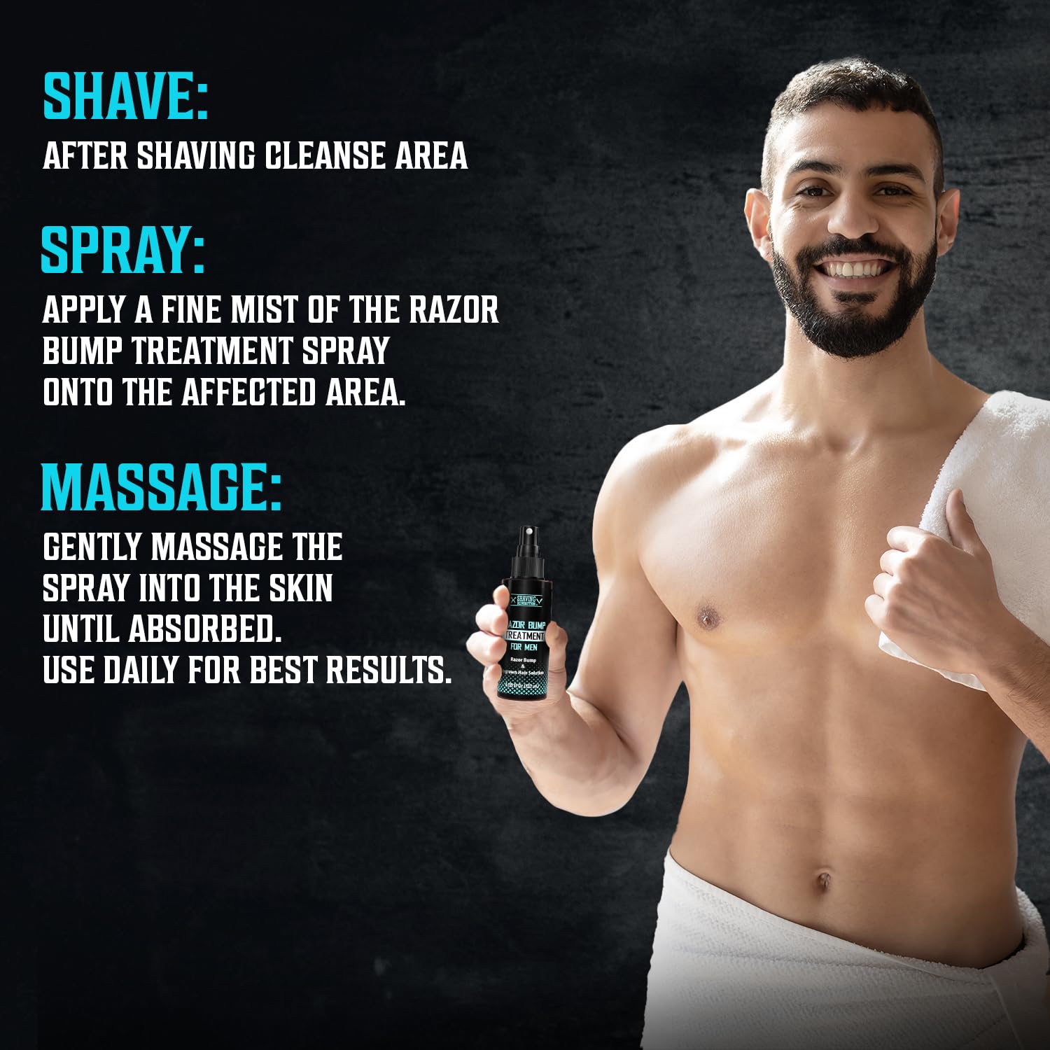 Man smiling, holding Razor Bumps Treatment for Men with ingrown hair removal instructions beside him.