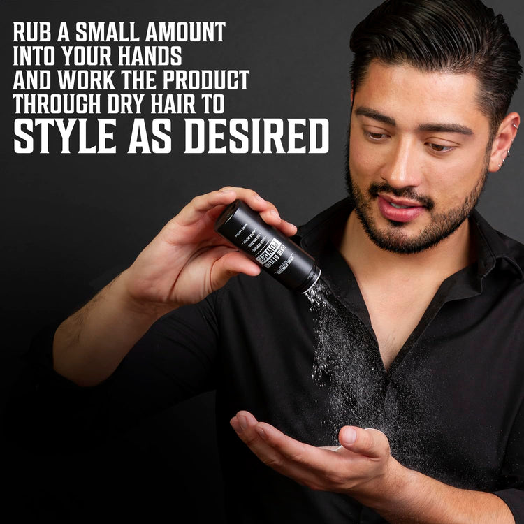 Man sprinkling Hair Styling Powder for Men into hand, text: Style as desired for a matte finish.