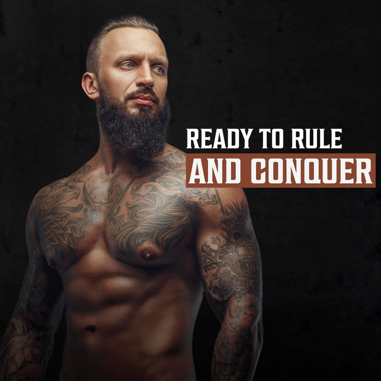 Muscular, tattooed man with full beard poses confidently; text: Ready to Rule with Sandalwood Beard Conditioner.