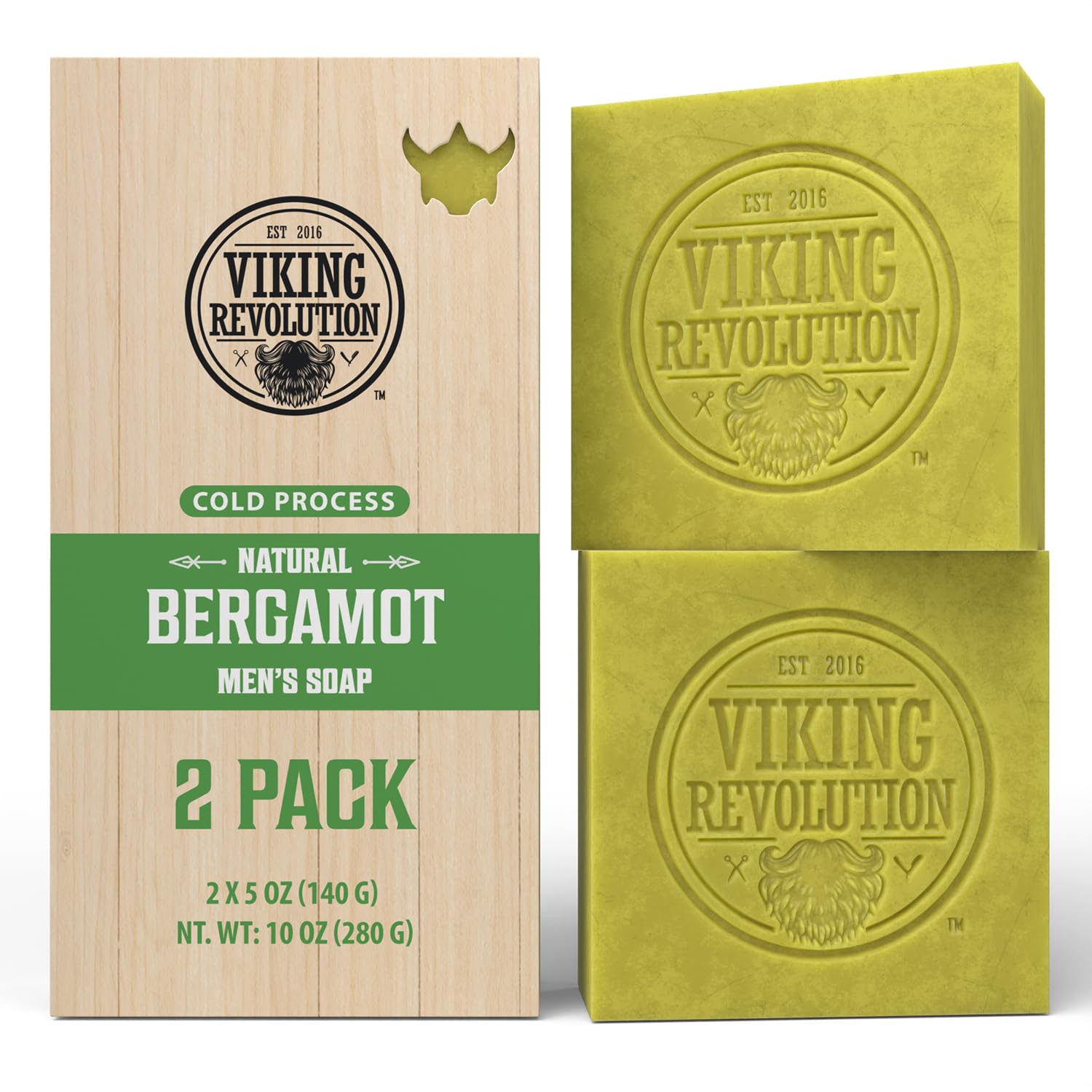 Viking Revolution Bergamot Natural Soap for Men, 2-pack, cold pressed, sulfate and paraben-free with logo.