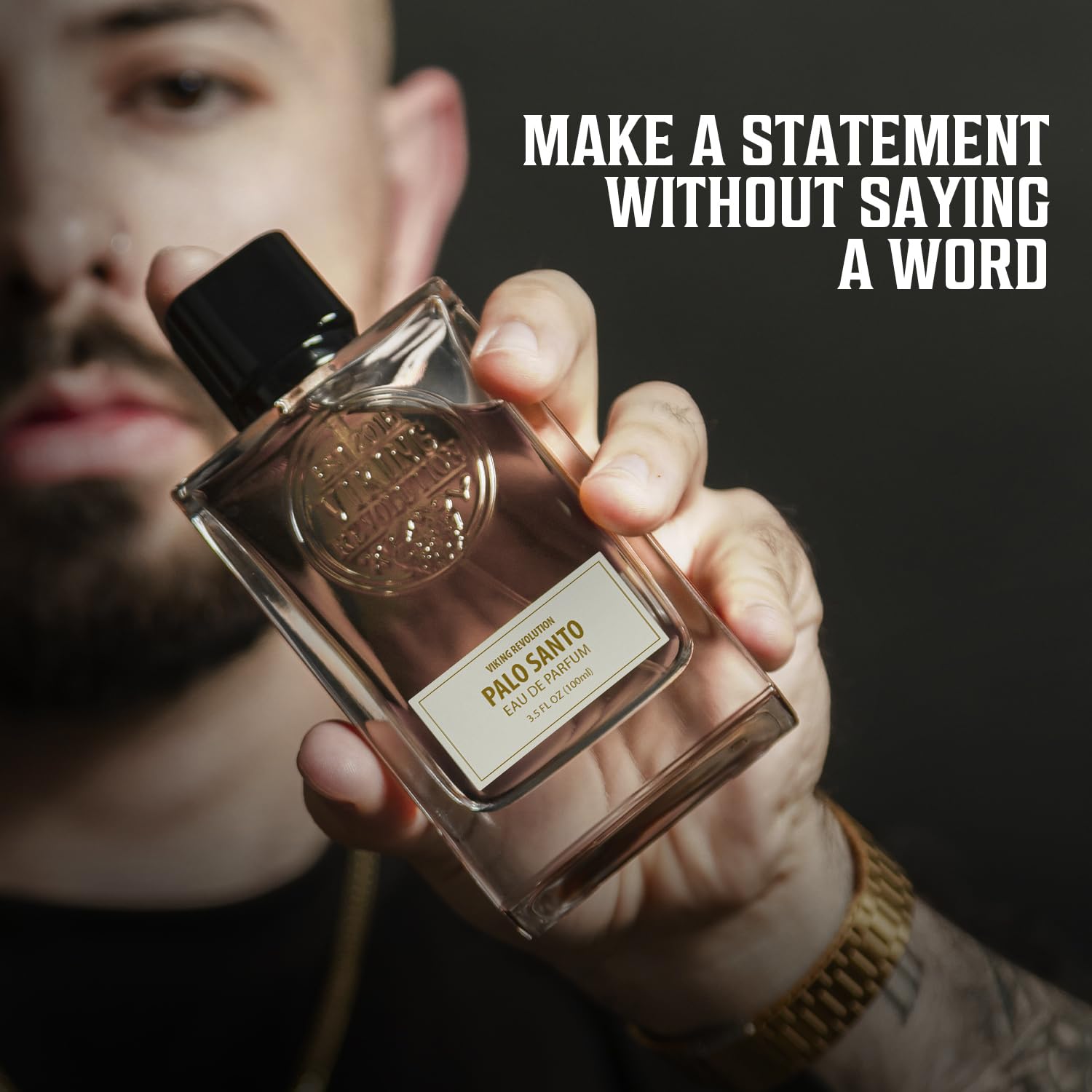 Man holding Palo Santo Eau de Parfum 3.4 Fl Oz—make a statement with this cedarwood men's scent.
