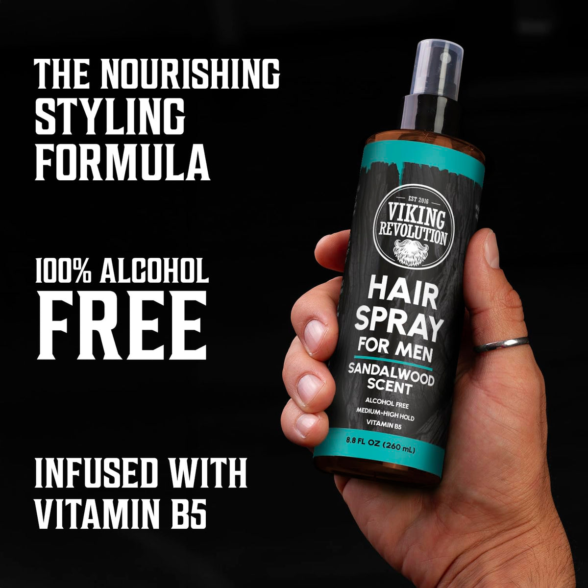 Man holds Men’s Non Aerosol Hair Spray; text notes alcohol free, vitamin B5, medium-high hold.