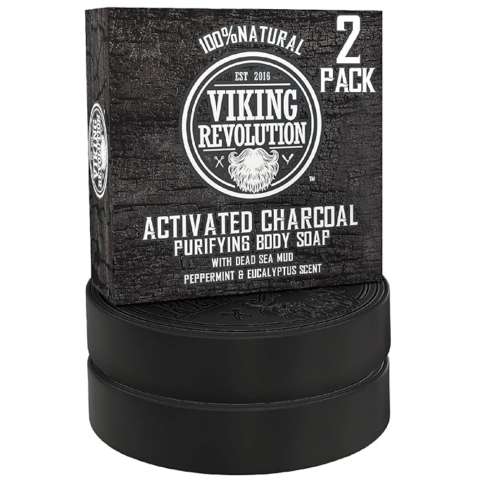 Viking Revolution Activated Charcoal Soap with Dead Sea Mud, a 2-pack of natural and organic body and face soap, infused with invigorating peppermint and eucalyptus scent.