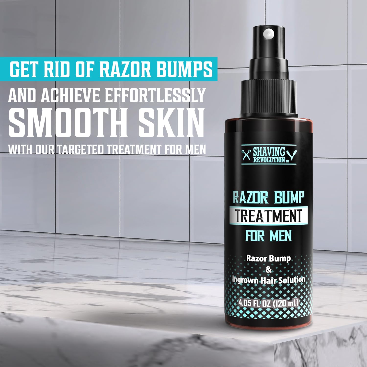 The Razor Bumps Treatment for Men sits on a bathroom counter.