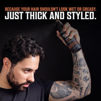 Man sprays Viking Revolution Sea Salt Spray for Men; hair looks thick and styled, not wet or greasy.