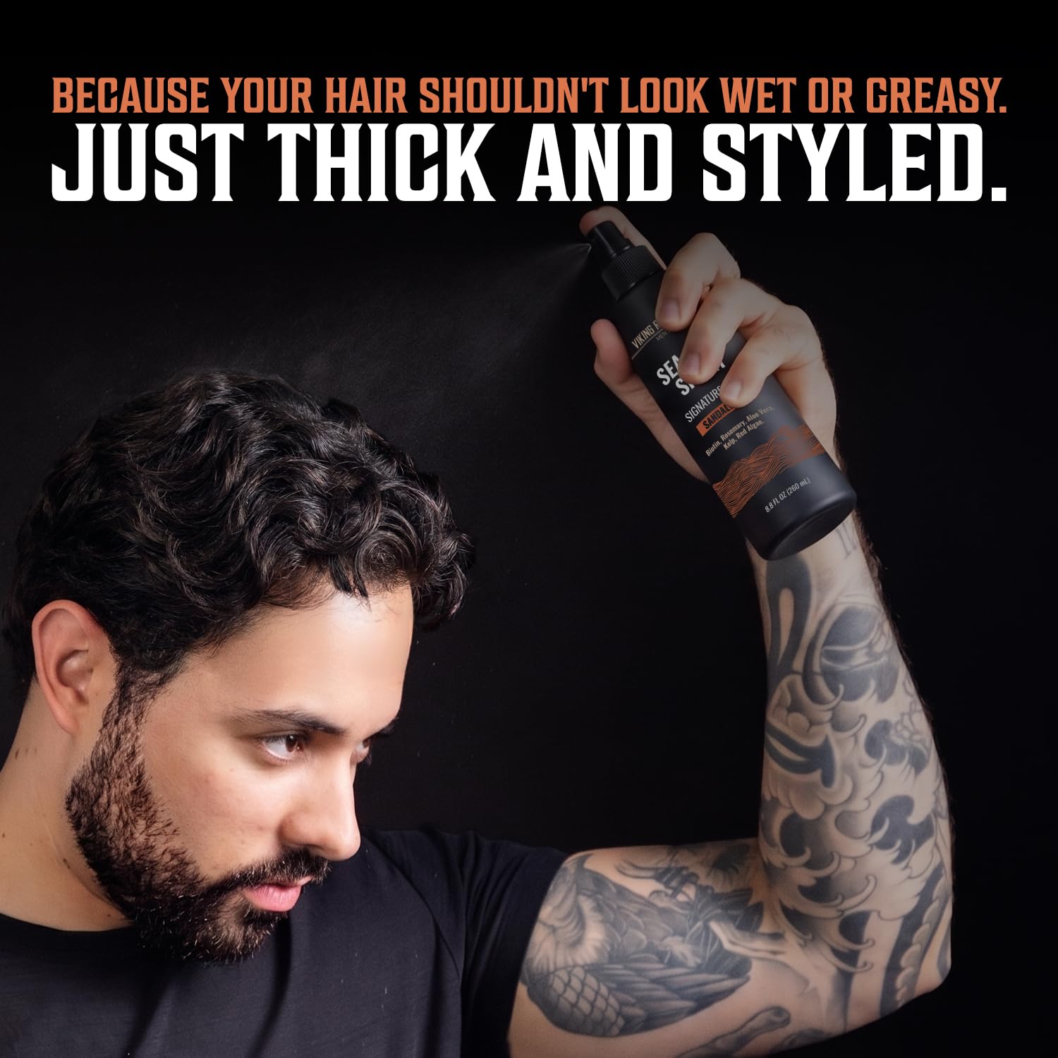 Man sprays Viking Revolution Sea Salt Spray for Men; hair looks thick and styled, not wet or greasy.