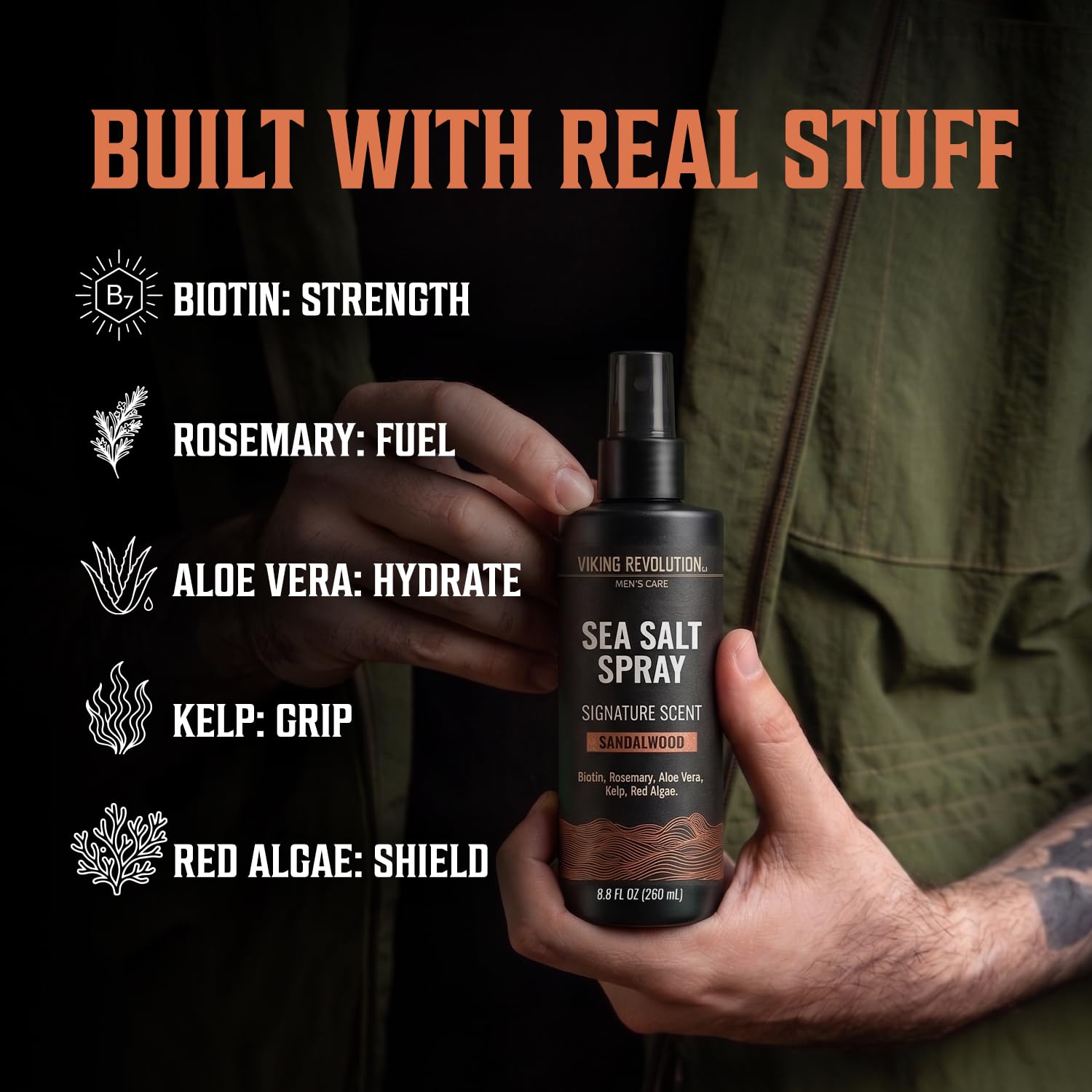 Man holding Viking Revolution Sea Salt Spray for Men; benefits listed on the left side.