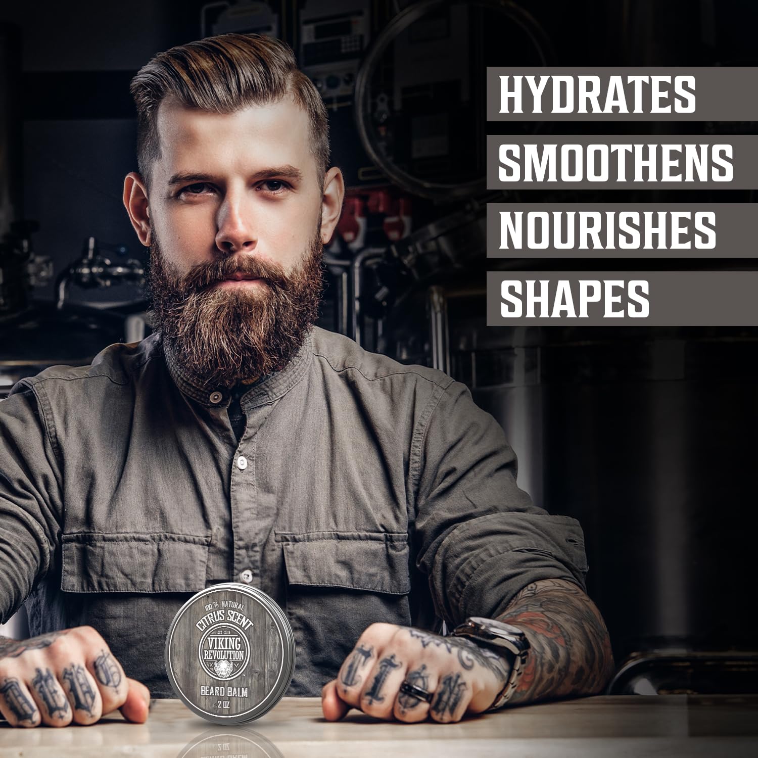 Man with tattoos showcasing Citrus Beard Balm that hydrates, smooths, nourishes, and shapes.