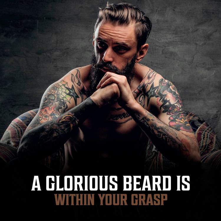 A tattooed man ponders. Text: 3 Pack Beard Oil Mix: A GLORIOUS, FRIZZ-FREE BEARD IS WITHIN YOUR GRASP.