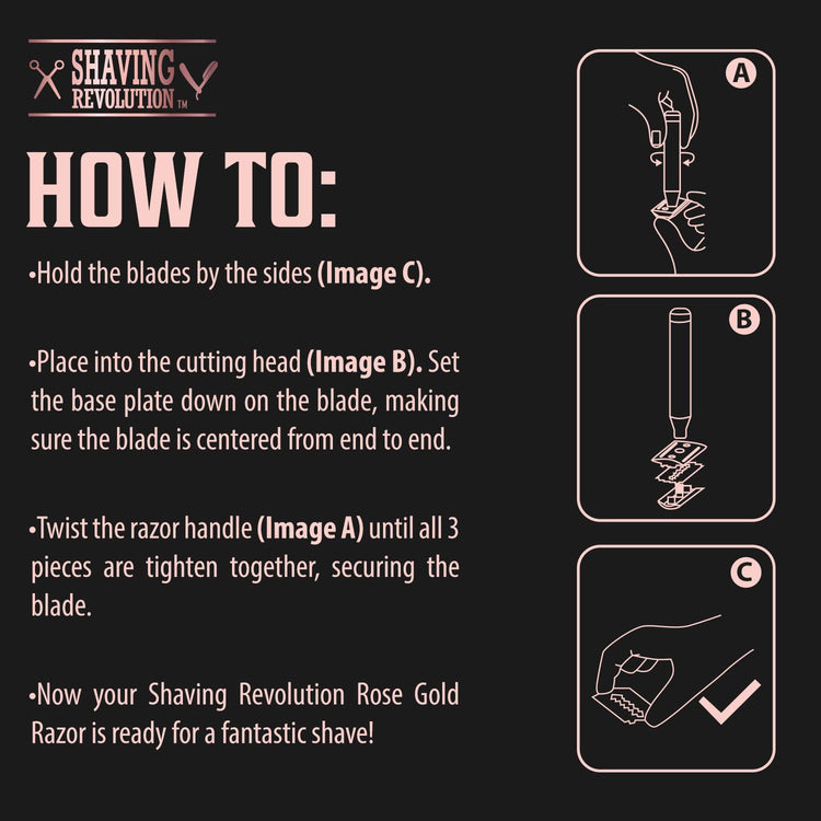 Follow these instructions to smoothly assemble your Viking Revolution - Double Edge Safety Razor Rose Gold. With labeled diagrams A, B, and C providing step-by-step guidance, you'll effortlessly be on your way to a clean shaving experience.