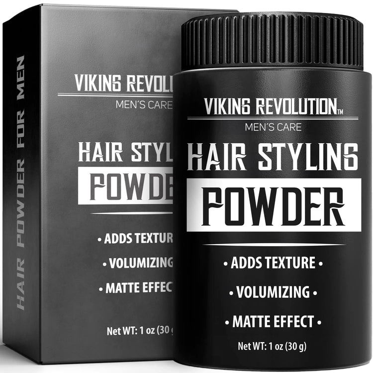 Hair Styling Powder for Men offers a matte finish and texture, with details on the box and container.