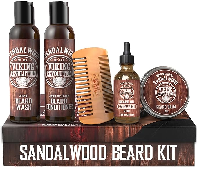 Experience exceptional beard care with our Beard Grooming Kit, which includes a sandalwood-themed wash, conditioner, oil, balm, and comb.