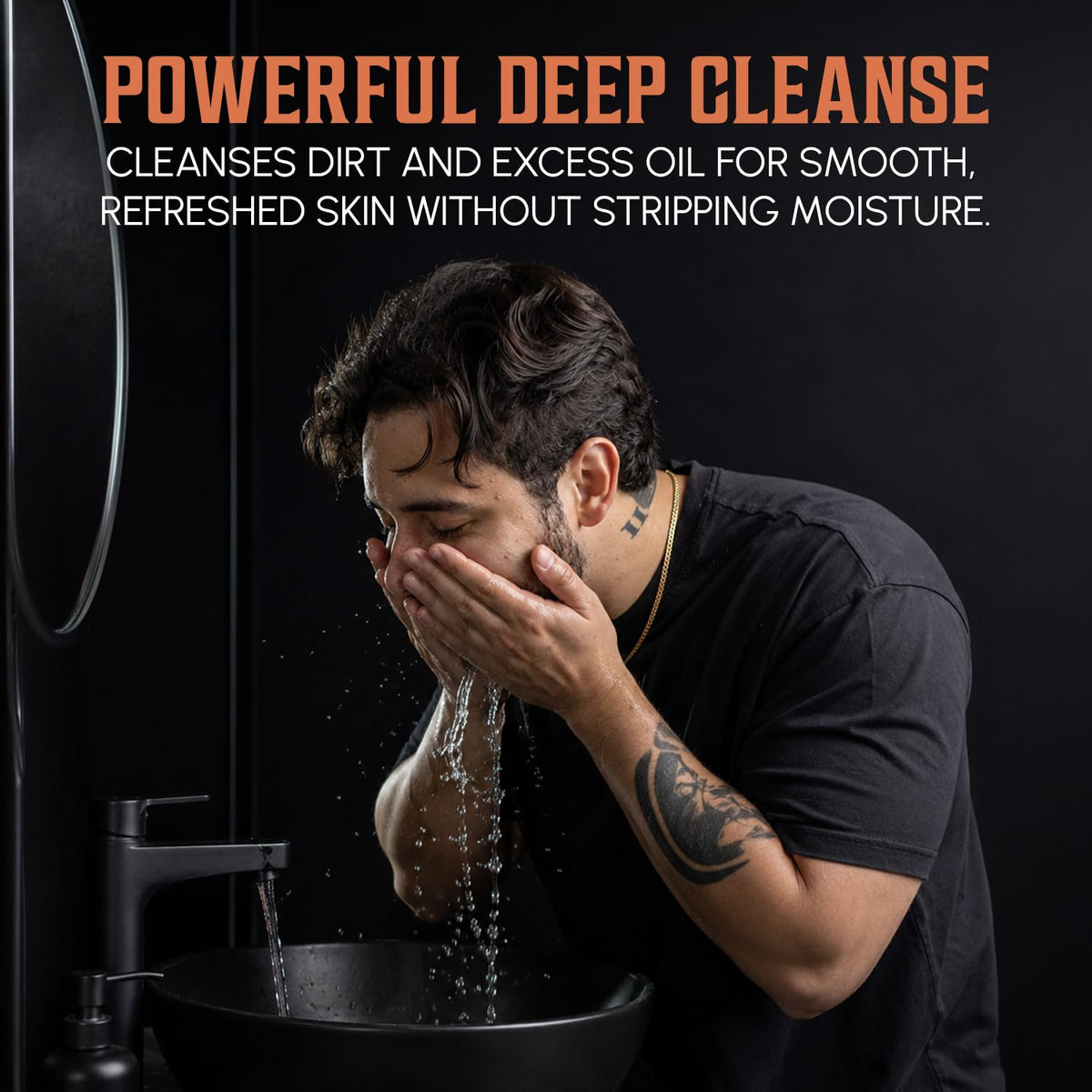 Man cleansing face; Exfoliating Face Wash for Men—AHA BHA—removes oil, refreshes skin, no dryness.