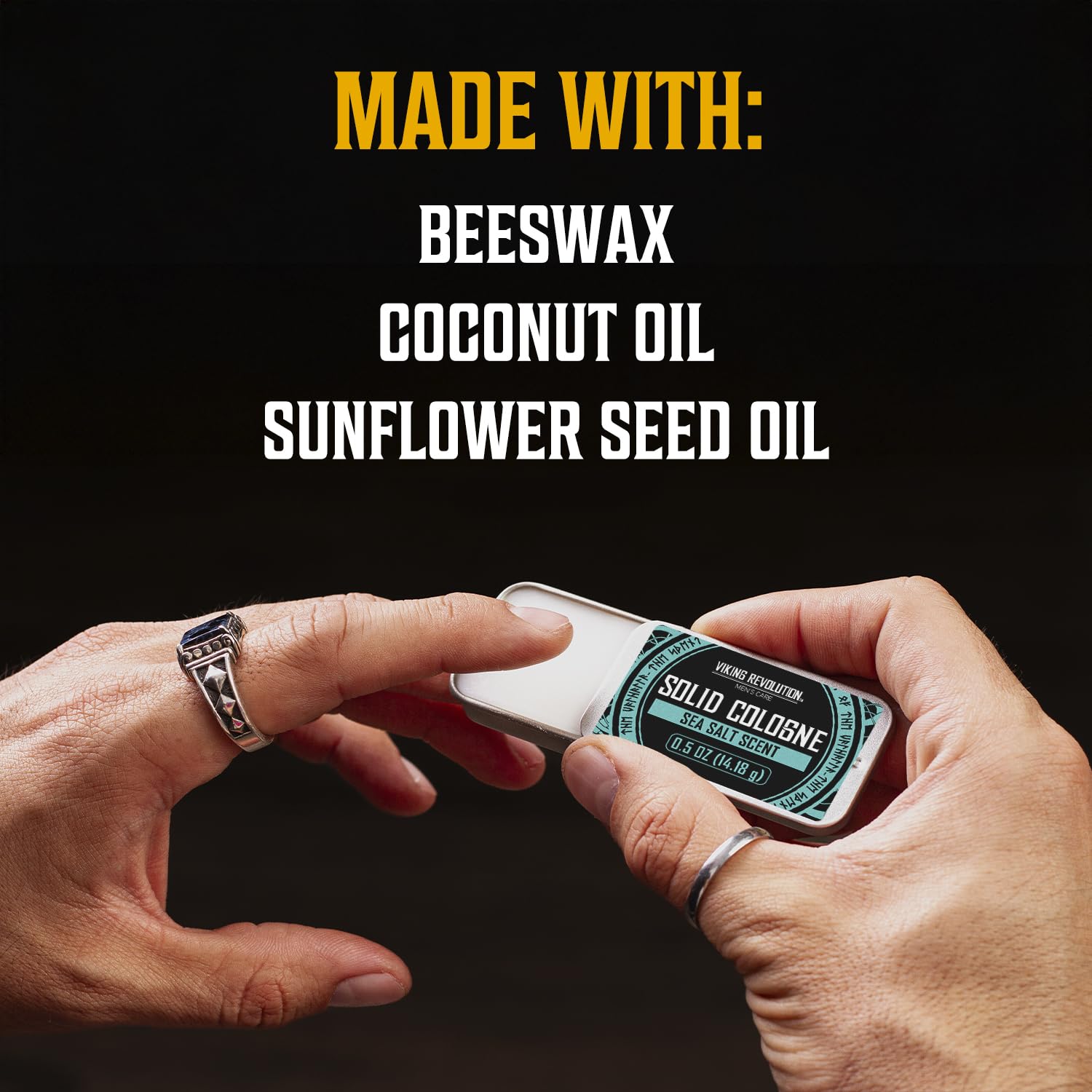 Hands hold Viking Revolution Solid Cologne Gift Set: Coffee & Whiskey, Palo Santo, Sea Salt scents.