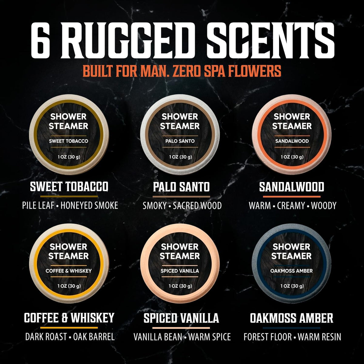 Six Shower Steamers for Men in scents like sweet tobacco, palo santo, and sandalwood.