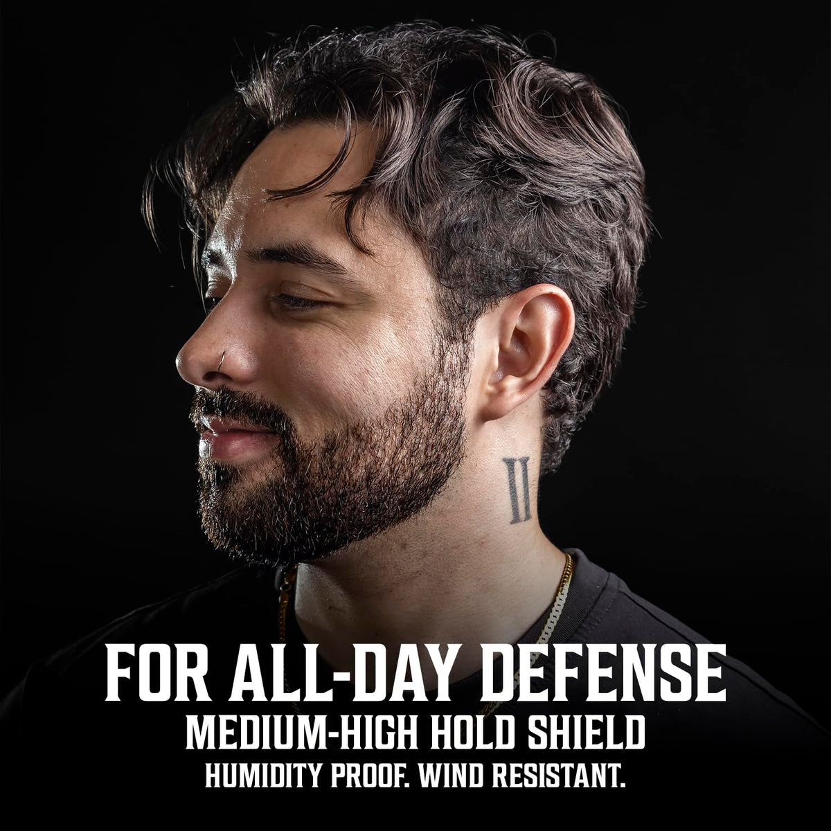 Man with styled hair, beard, neck tattoo. Text: Men’s Non Aerosol Hair Spray - Alcohol Free 6 fl oz.