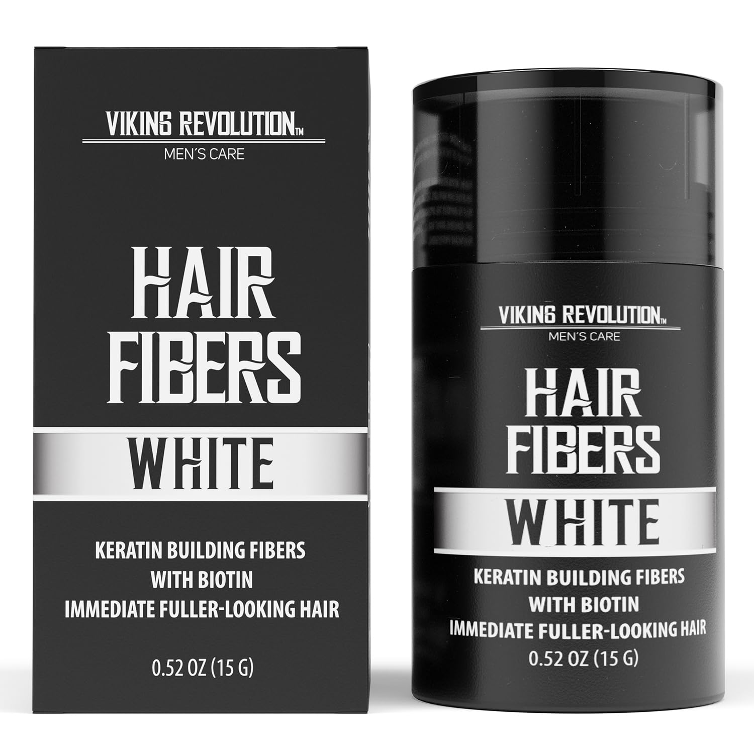 White Hair Fibers for Thinning Hair, sleek black and white, 0.52 oz size, keratin based.