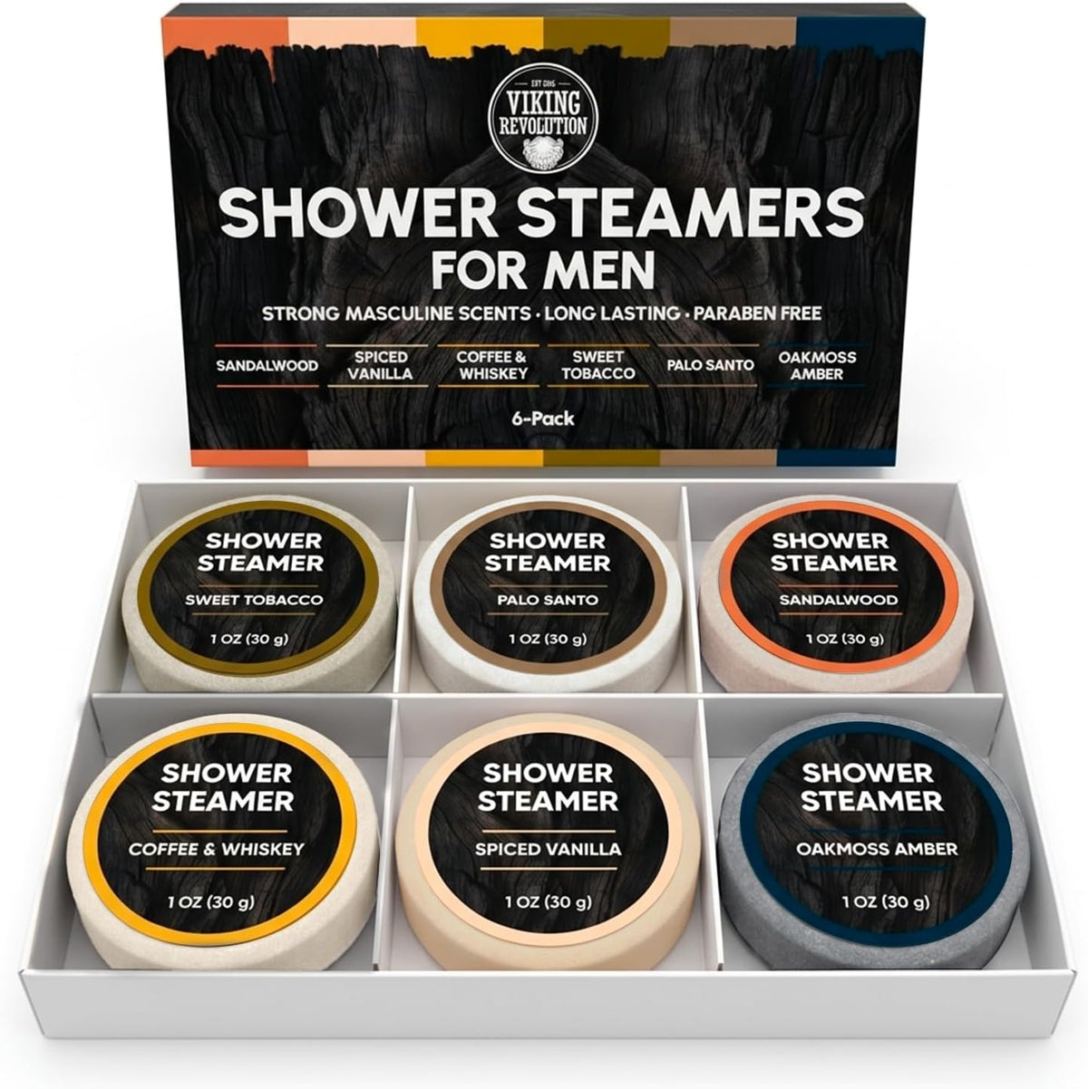 Shower Steamers for Men, Mens Gifts 6 Pack, Aromatherapy tablets in assorted scents and weights.