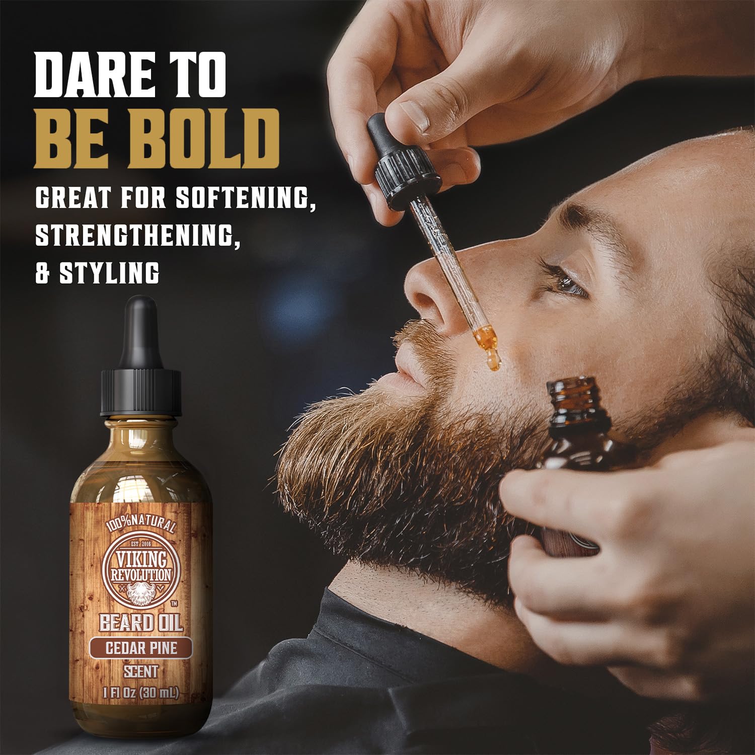 Man applying Cedar & Pine Beard Oil with dropper; text highlights nourishing benefits.