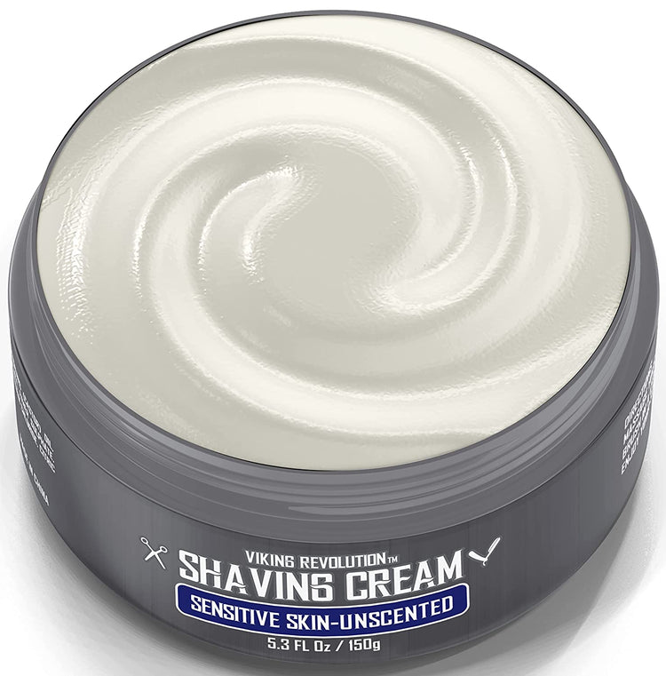 The Viking Revolution - Unscented Shaving Cream for Sensitive Skin is housed in a round container and enriched with sandalwood oils to provide a smooth and gentle shave.