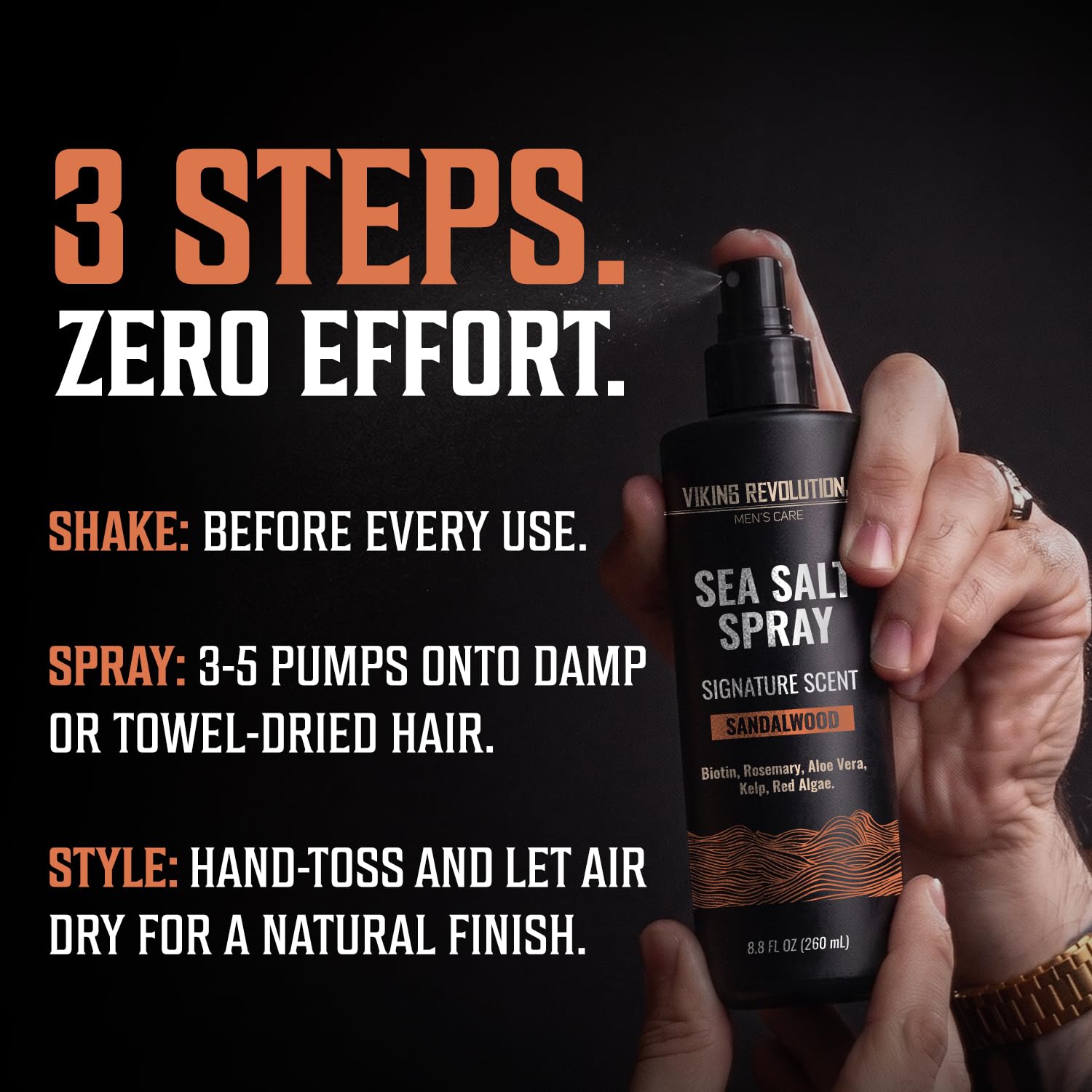 A hand sprays Viking Revolution Sea Salt Spray; text shows 3 easy steps to style men’s hair.
