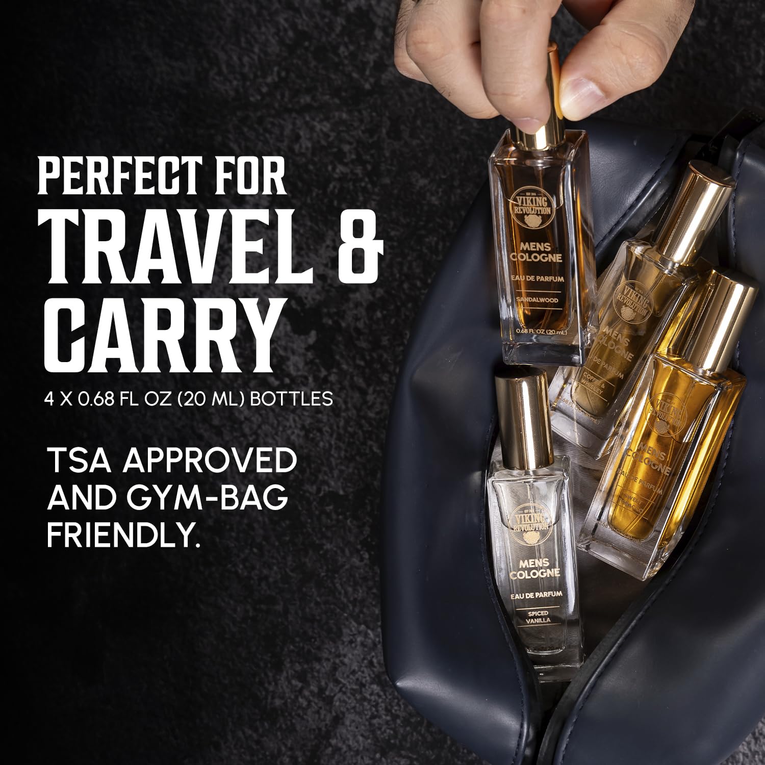 Four travel-size men’s colognes—Sandalwood, Vanilla, Coffee Whiskey, Tobacco—next to a toiletry bag.