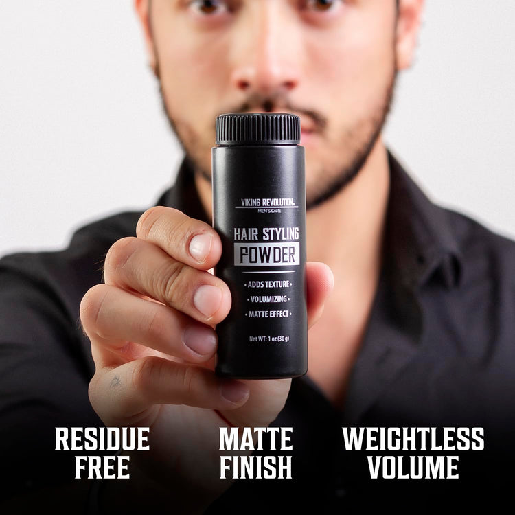 Man with Hair Styling Powder for Men: Residue Free, Matte Finish, Weightless Volume.