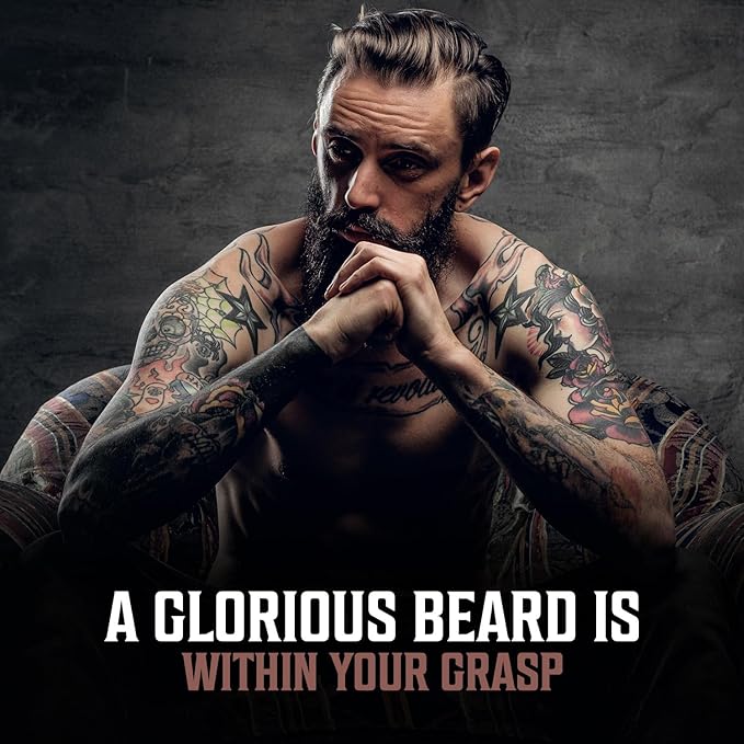 Thoughtful tattooed man; text: Achieve a Glorious Beard with Bay Rum Beard Oil - 3 Pack 1oz.