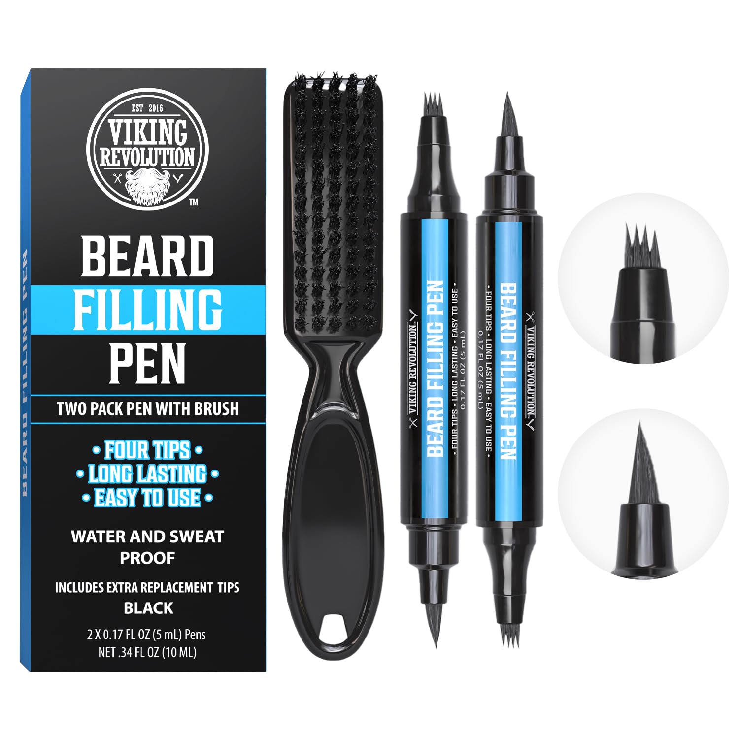 Viking Revolutions Black Beard Pencil Filler for Men set includes brush, extra tips, and long-lasting black formula.