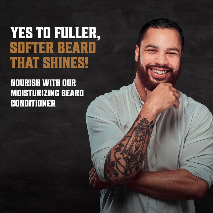 Man with a beard smiles, promoting the softness and shine from Palo Santo Beard Wash & Conditioner Set 17oz.