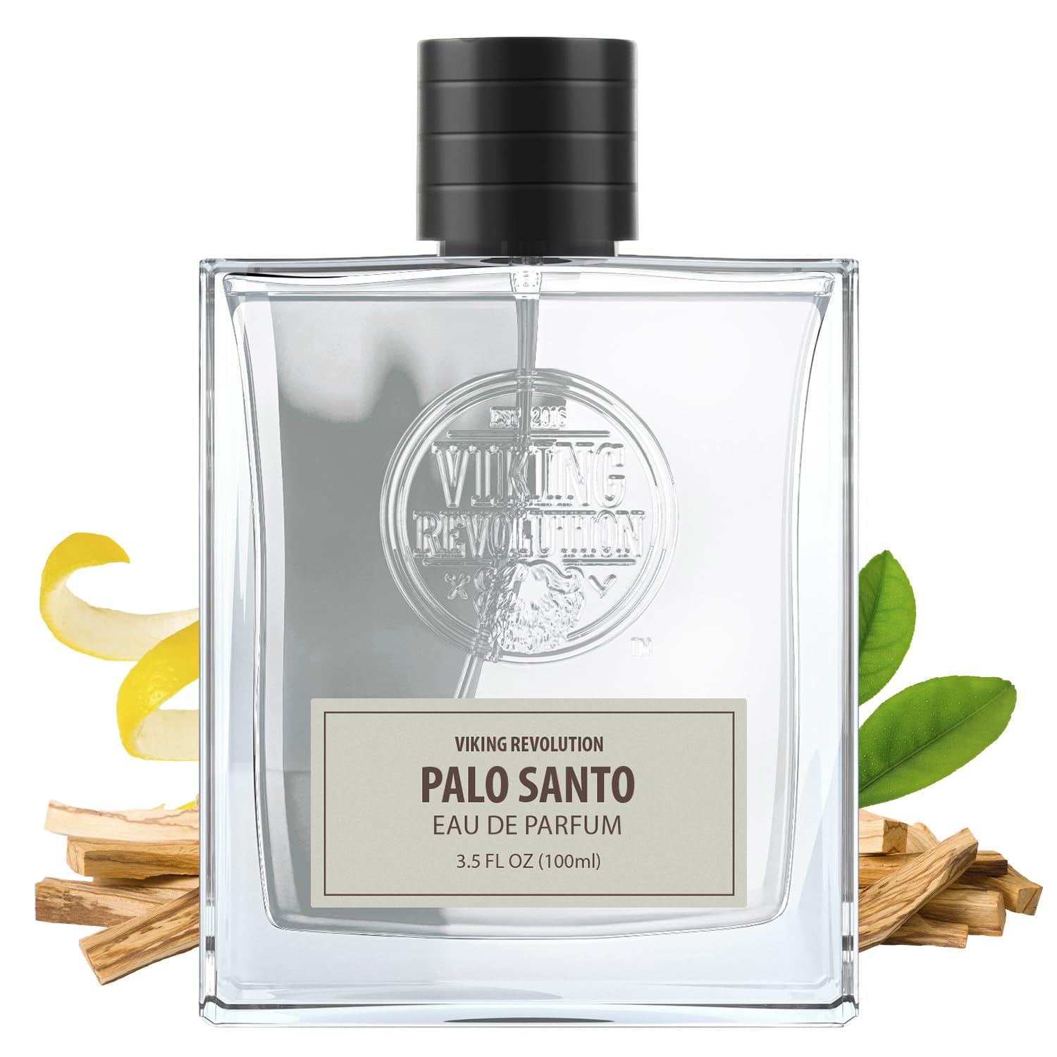 Palo Santo Eau de Parfum 3.4 Fl Oz men's fragrance with cedarwood in a clear glass bottle.