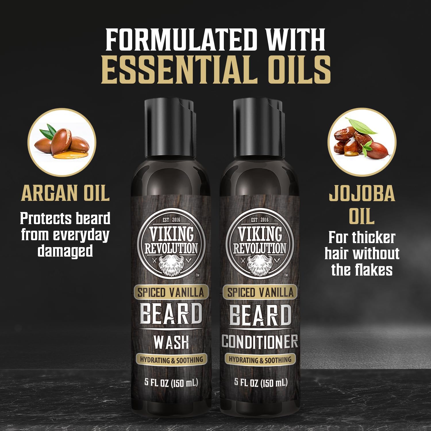 Two 5oz bottles of Spiced Vanilla Beard Wash & Conditioner, hydrating & protecting with argan and jojoba oils.